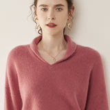 Womens Shawl Collar Cashmere Sweater V Neck Long Sleeve Cashmere Pullover Pink XS