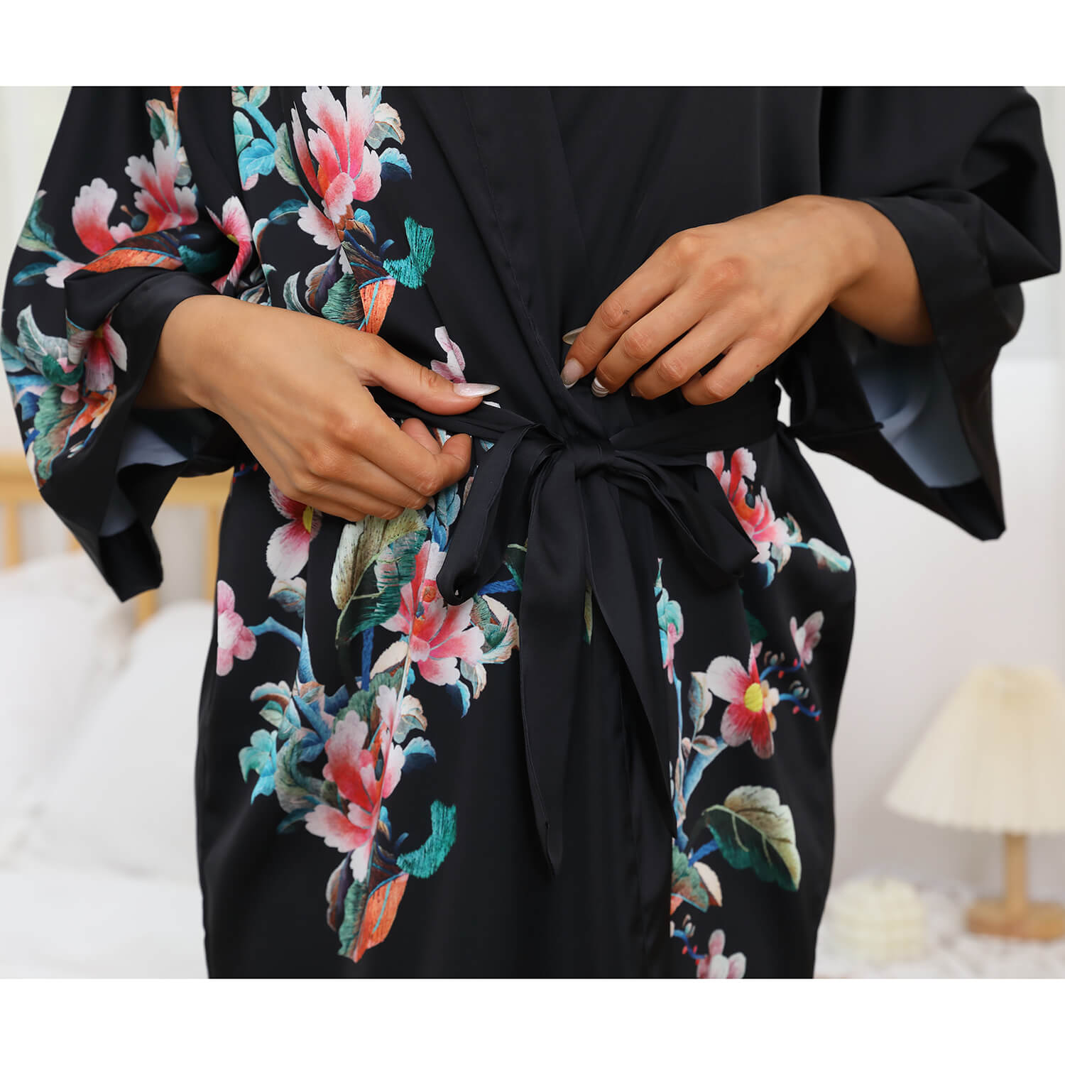 Women's Short Floral Silk Kimono Robes 100% Silk Bathrobe