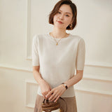 Womens Short Sleeve Cashmere Sweater Crew Neck Cashmere Knit Pullover Top Ivory XS