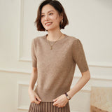 Womens Short Sleeve Cashmere Sweater Crew Neck Cashmere Knit Pullover Top Taupe XS