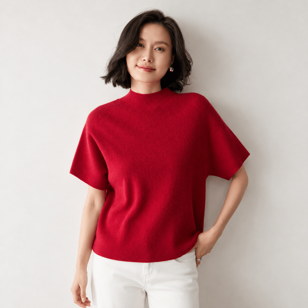 Womens Short Sleeve Cashmere Sweater Mock Neck Cashmere Knit Top Red XS
