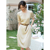 Womens Silk Belted Knee Length Dress Puff Sleeve Gathered Neck Silk Dress Champagne S