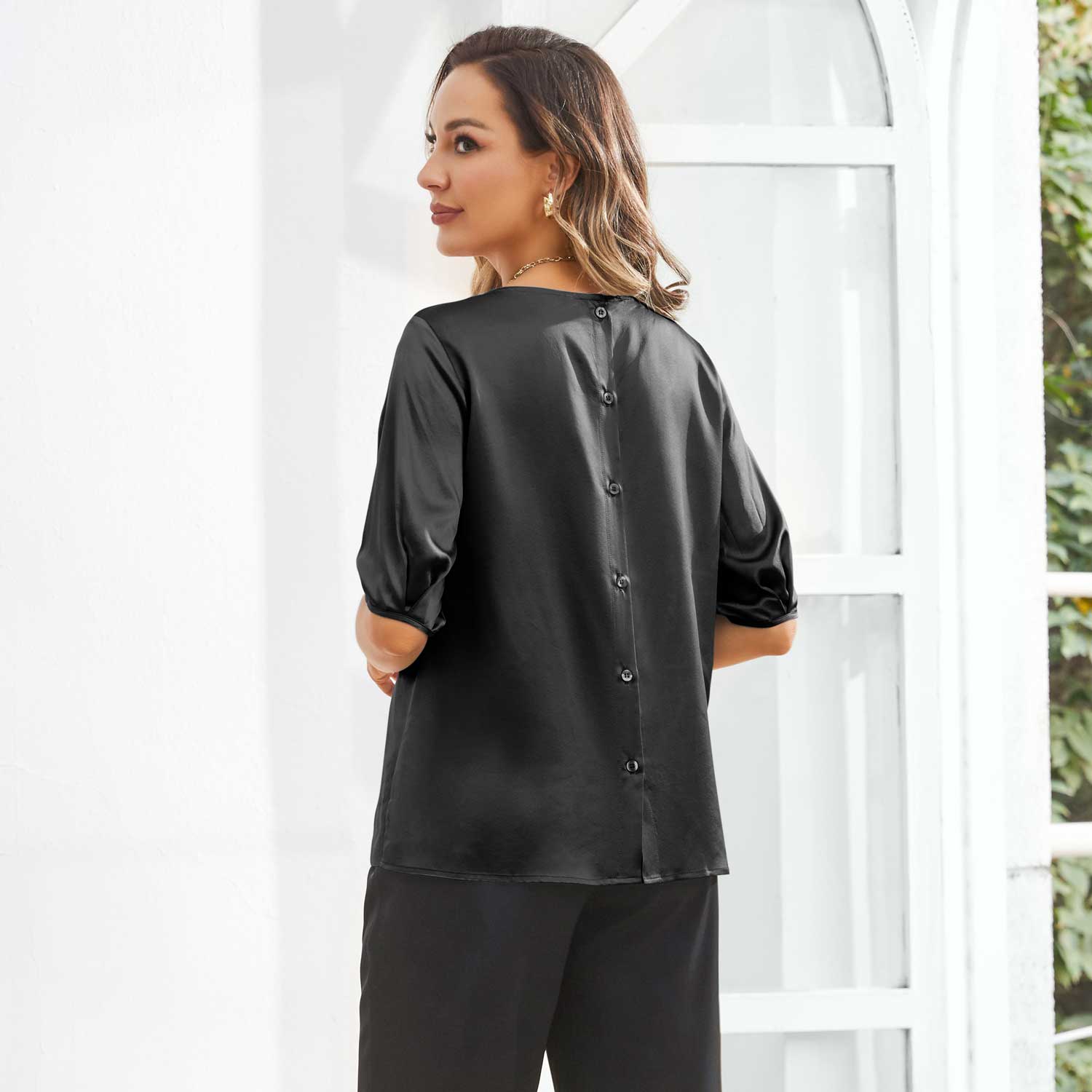 Womens Silk Blouse Short Sleeves Both Sides Silk Top