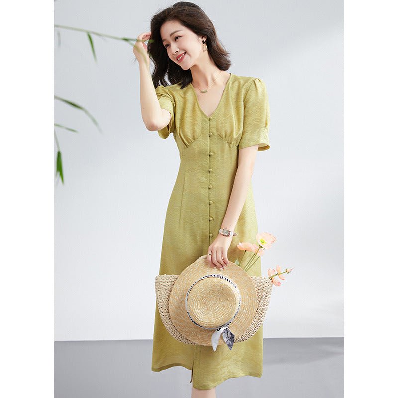 Womens Silk Button Front Midi Dress Puff Sleeve V Neck Silk Dresses