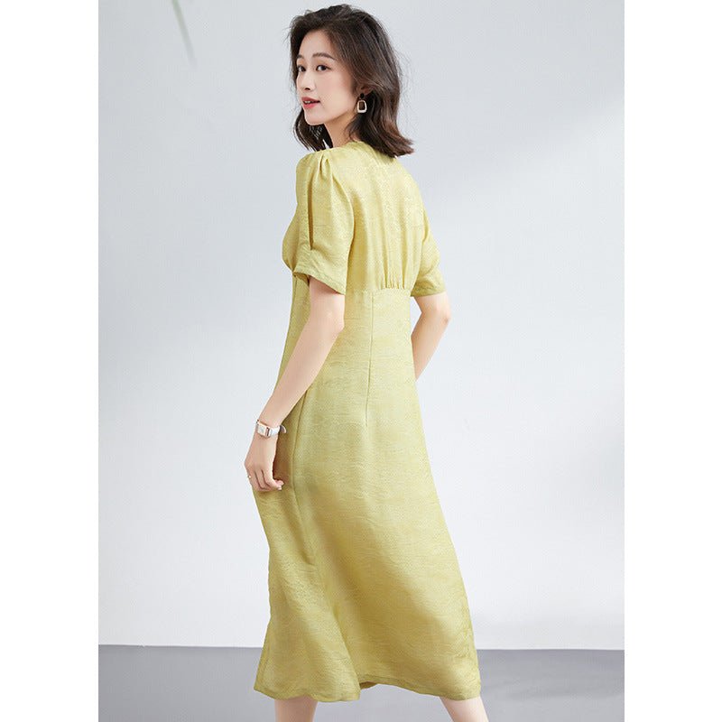 Womens Silk Button Front Midi Dress Puff Sleeve V Neck Silk Dresses