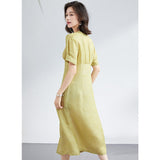 Womens Silk Button Front Midi Dress Puff Sleeve V Neck Silk Dresses