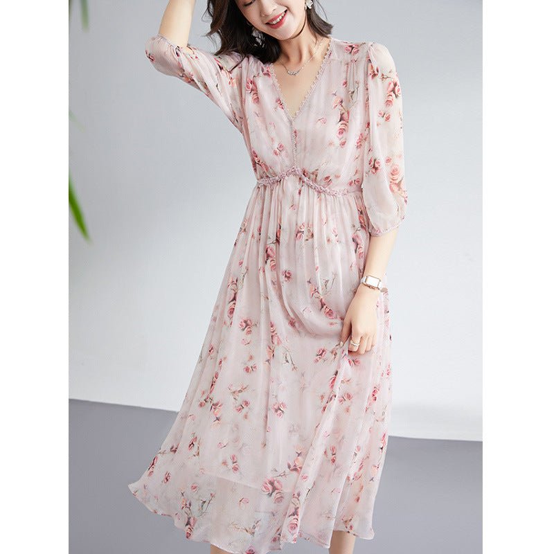 Womens Silk Chiffon Midi Dress Floral Print Gathered Waist Pink Silk Dress