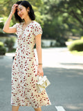 Womens Silk Floral Dress V Neck Silk Midi Dress Flutter Sleeves Silk Dress