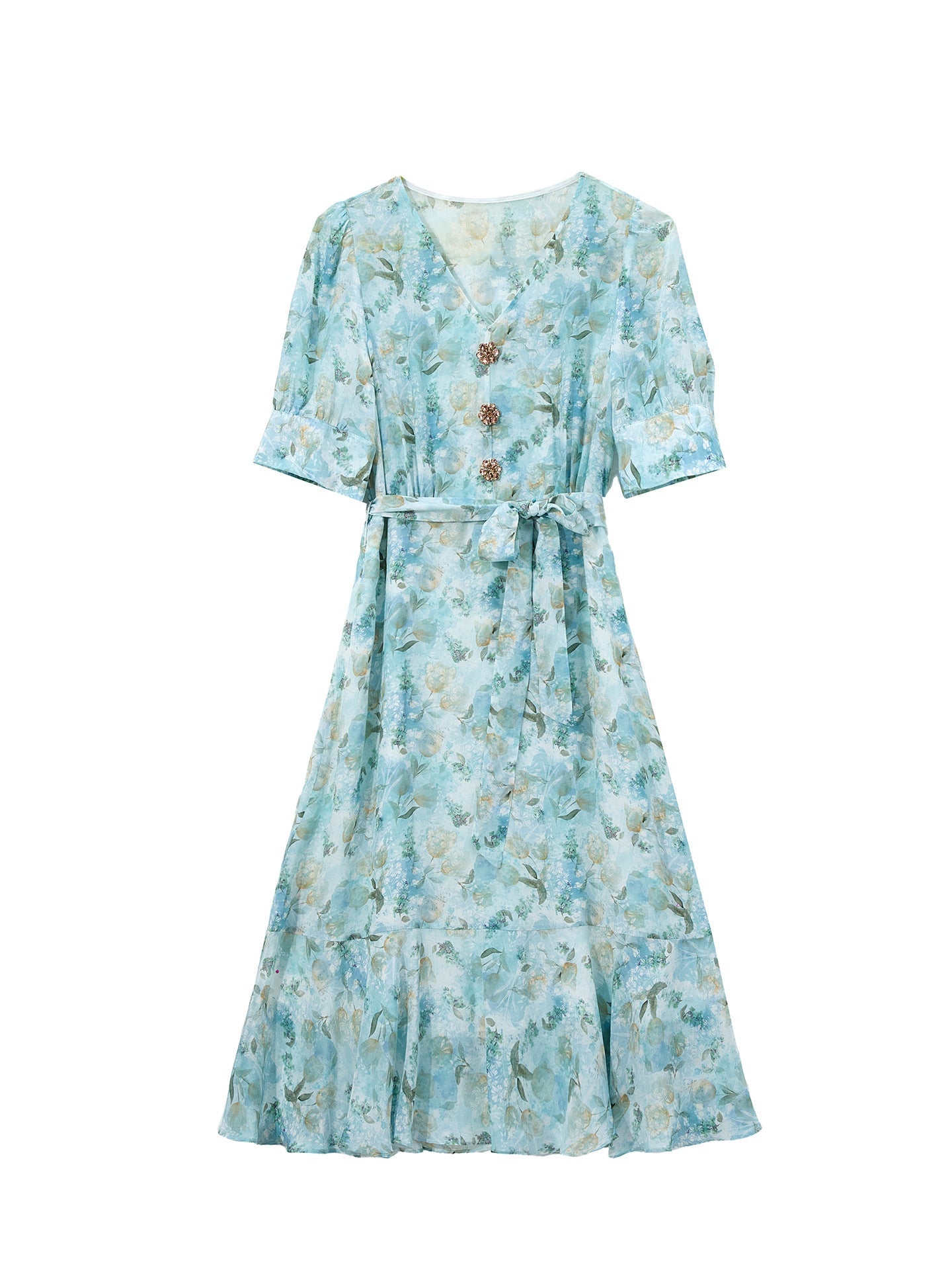 Womens Silk Floral Dress with Waist Tie Puff Sleeve Silk Midi Dress Blue XS