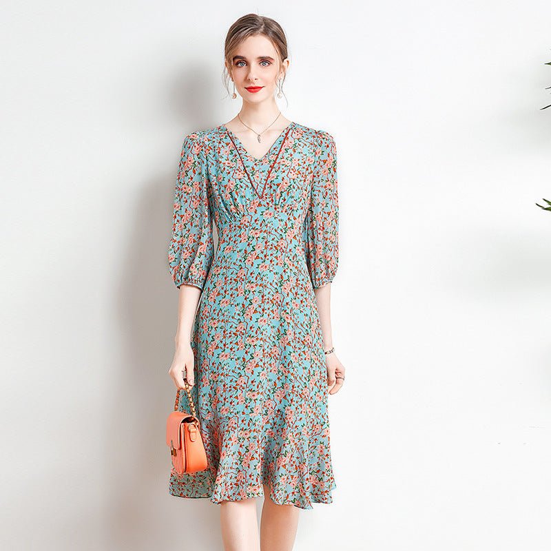Womens Silk Floral Midi Dress V - Neck Sheer Sleeve Green Silk Dress