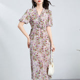 Womens Silk Floral Wrap Midi Dress Puff Sleeve Pleated Waist Silk Dress