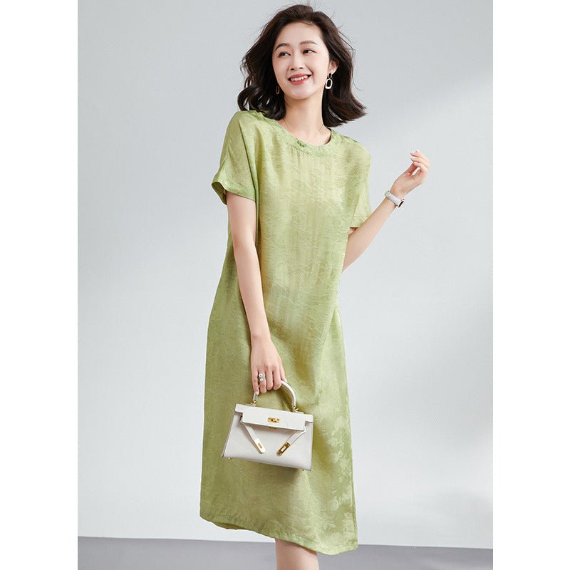 Womens Silk Jacquard Midi Dress Belted Waist Short Sleeve Green Silk Dress