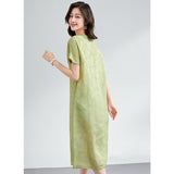 Womens Silk Jacquard Midi Dress Belted Waist Short Sleeve Green Silk Dress