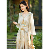 Womens Silk Maxi Dress Baroque Floral Print Sheer Sleeve Long Silk Dress