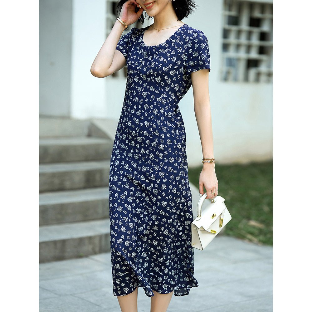 Womens Silk Maxi Dress Cap Sleeve Ditsy Floral Print Silk Dresses
