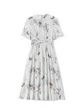 Womens Silk Midi Dress Belted Waist Bamboo Leaf Printed Silk Dresses