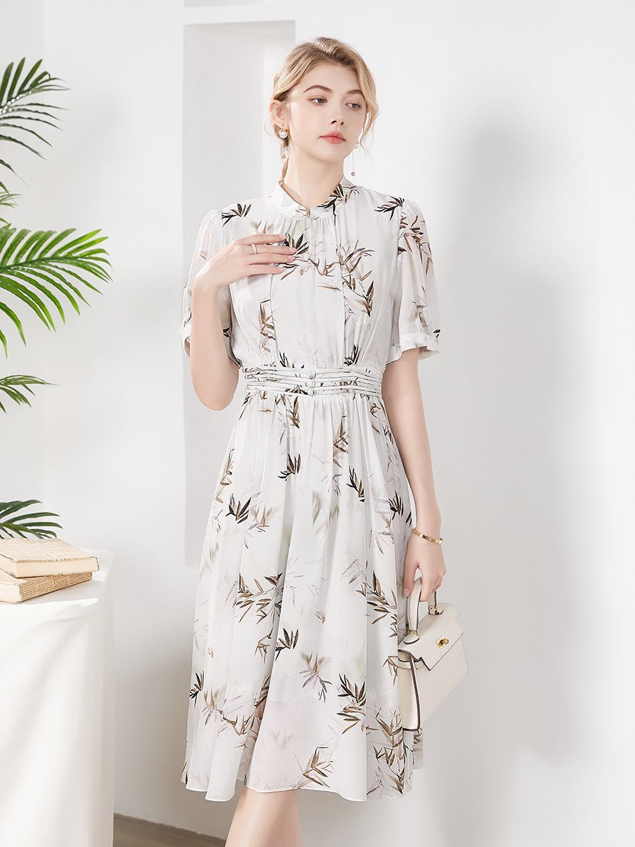 Womens Silk Midi Dress Belted Waist Bamboo Leaf Printed Silk Dresses