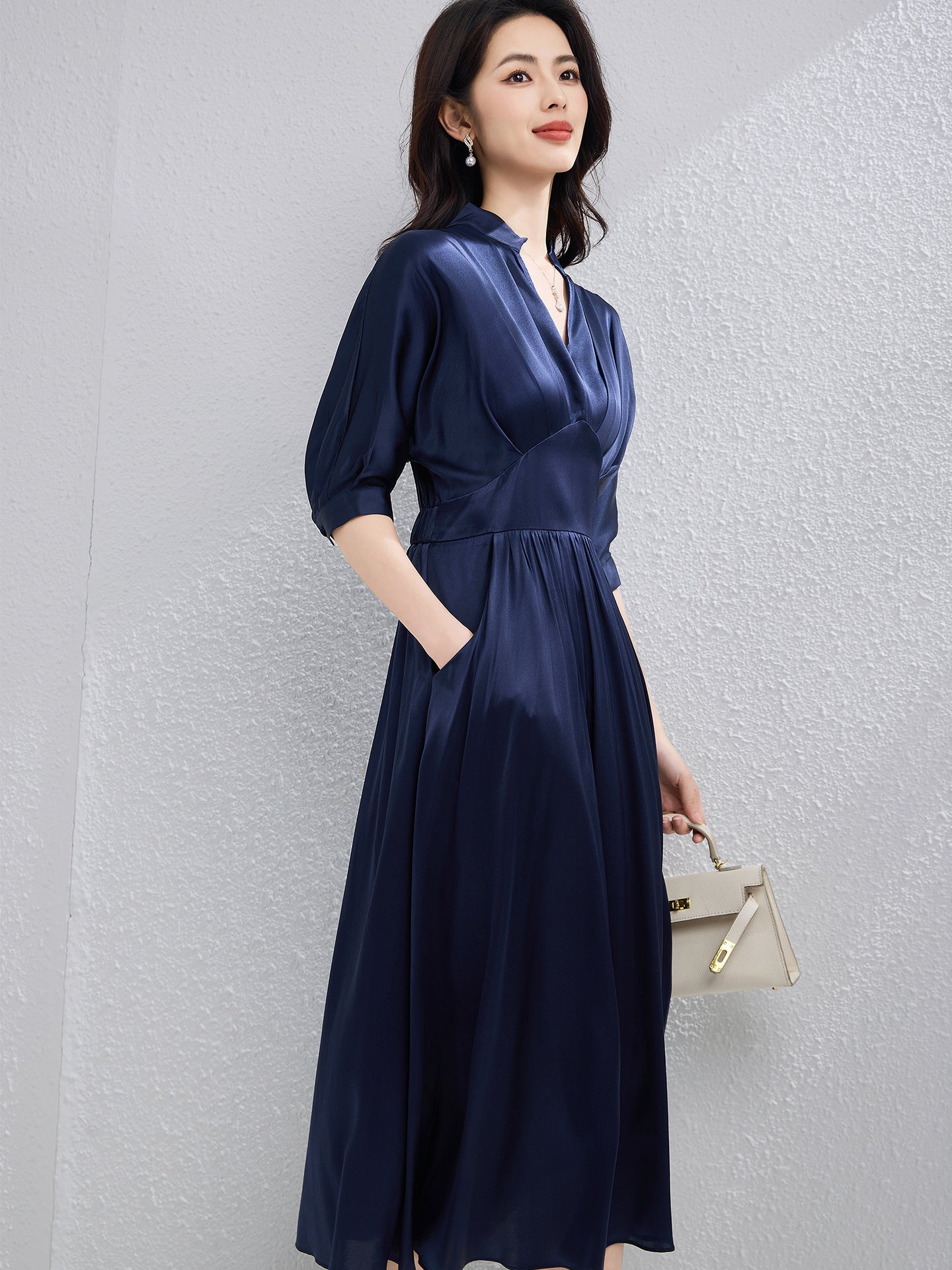 Womens Silk Midi Dress Draped V - Neck Cinched Waist Long Silk Dress Navy Blue XS