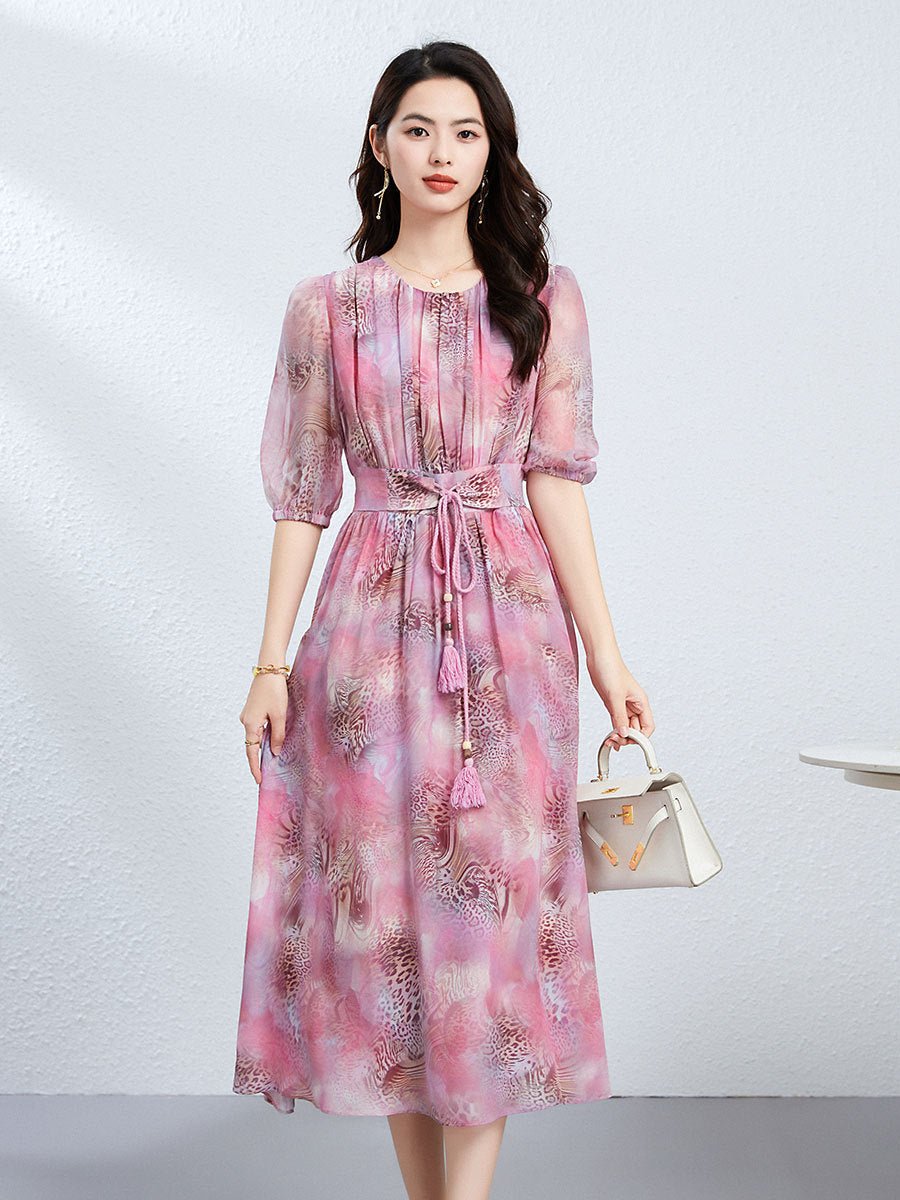 Womens Silk Midi Dress with Puff Sleeves Crew Neck Silk Floral Dress Pink XS