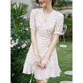 Womens Silk Mini Wrap Dress Puff Sleeve Heart Print Silk Dresses