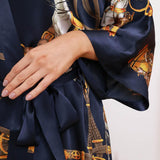 Womens Silk Robe Hand Painted Horse Print Silk Kimono Robes Navy Blue One size fits most