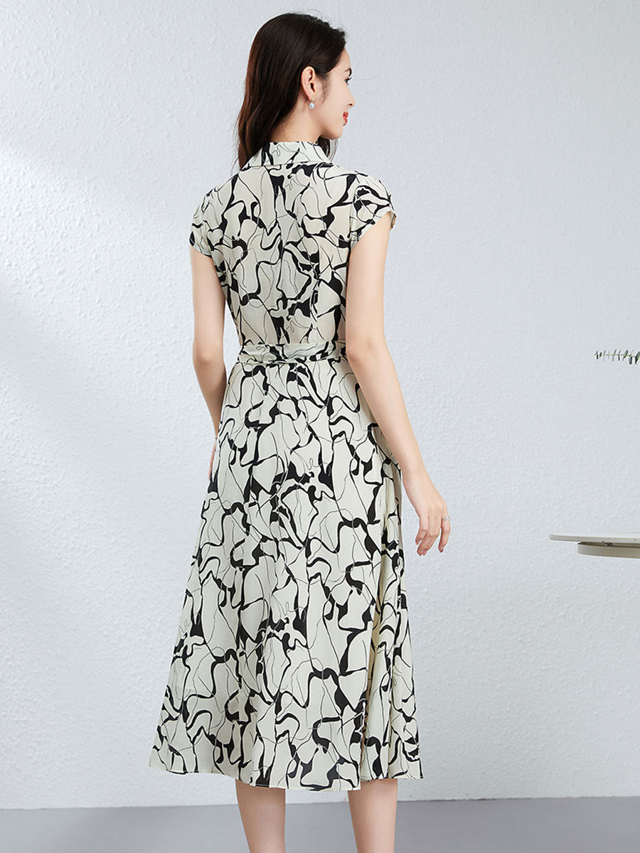 Womens Silk Shirt Midi Dress Abstract Print Waist Tie Silk Dress