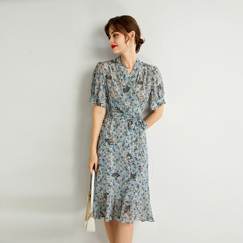 Womens Silk Wrap Midi Dress Fan Motif Ruffled Hem Blue Silk Dress Blue XS