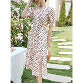 Womens Silk Wrap Midi Dress Puff Sleeve Front Slit Silk Dress