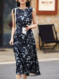 Womens Sleeveless Silk Midi Dress Abstract Floral Print Long Silk Dress