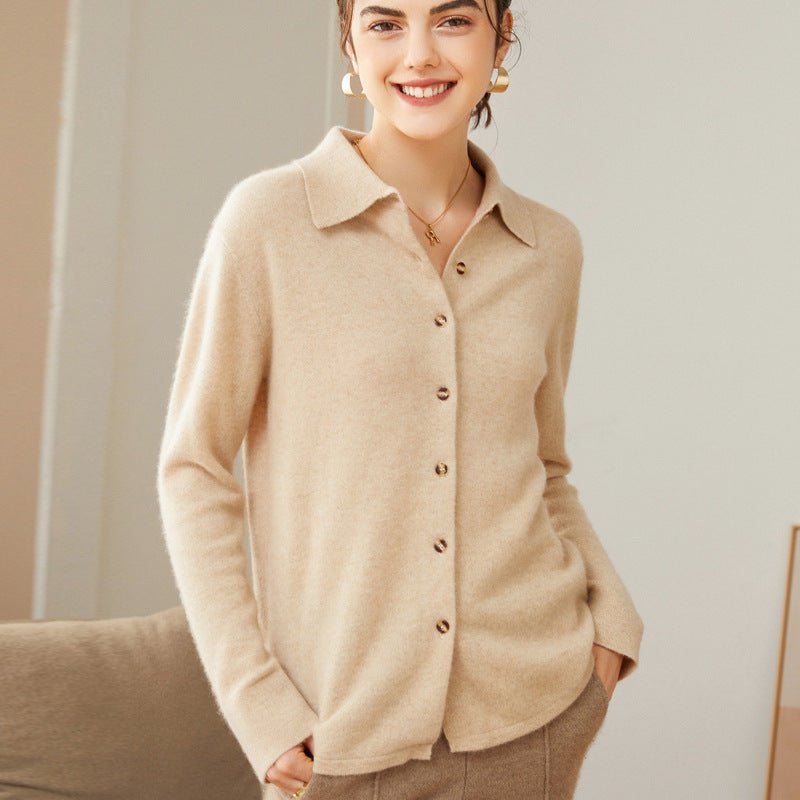 Womens Classic Button - Up Lapel Neck Cashmere Cardigan Ribbed Cuffs