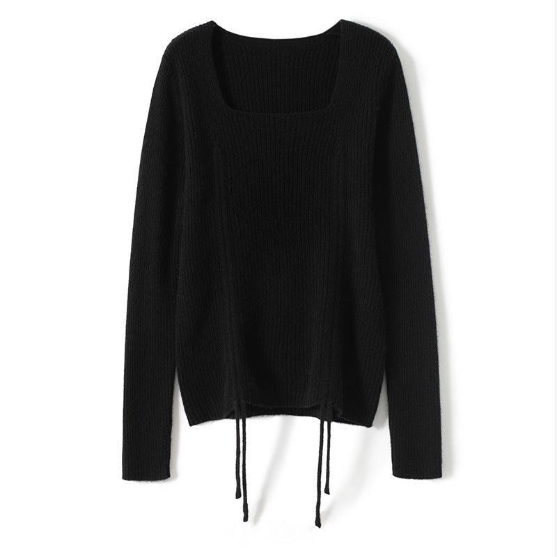Womens Square Neck Cashmere Sweater Ruched Knit Cashmere Pullover Black XS