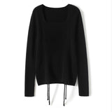 Womens Square Neck Cashmere Sweater Ruched Knit Cashmere Pullover Black XS