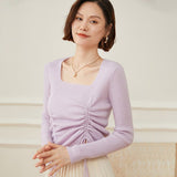 Womens Square Neck Cashmere Sweater Ruched Knit Cashmere Pullover Purple XS