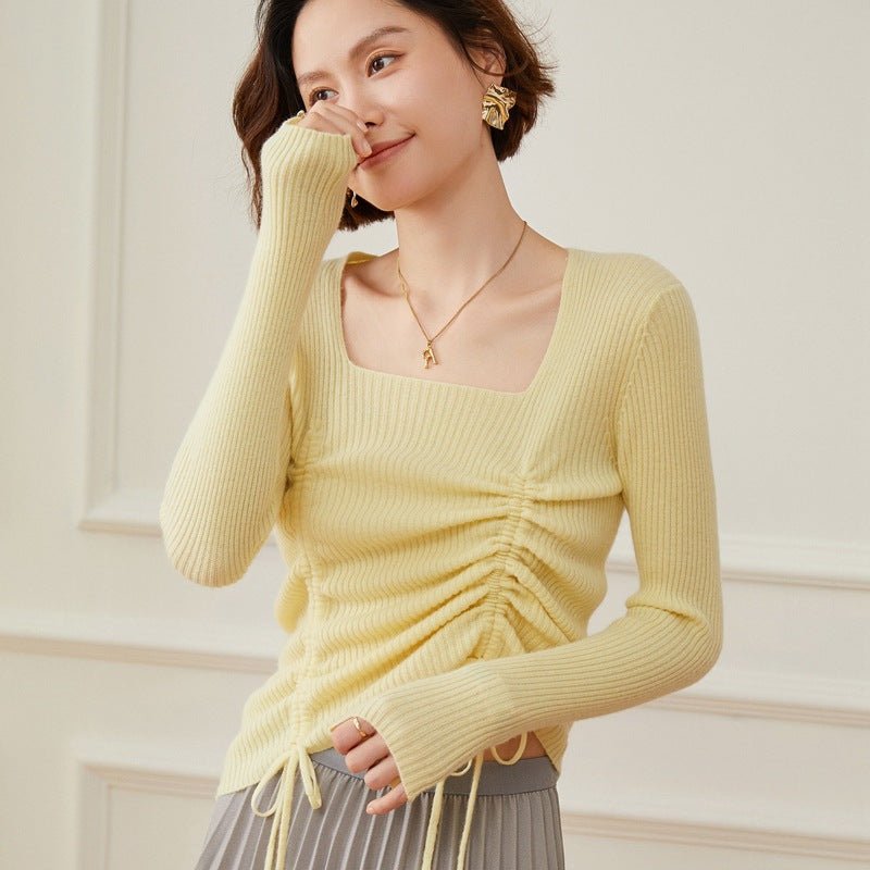 Womens Square Neck Cashmere Sweater Ruched Knit Cashmere Pullover Yellow XS