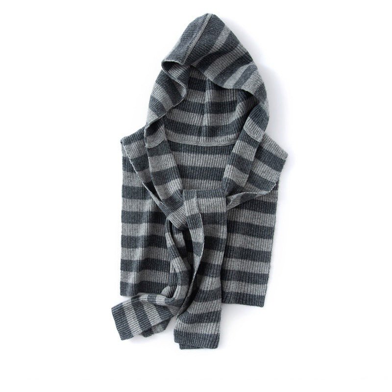 Womens Striped Cashmere Hooded Scarf Cashmere Knit Wrap with Hoodie