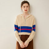 Womens Striped Cashmere Hoodie Half-Zip Cashmere Sweater Beige XS