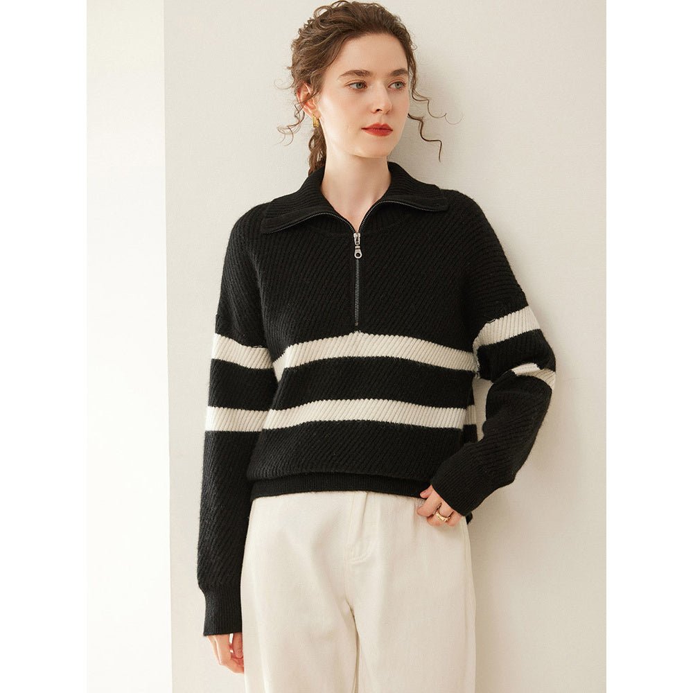 Womens Striped Cashmere Sweater Polo Collar Half-Zip Cashmere Pullover Black XS