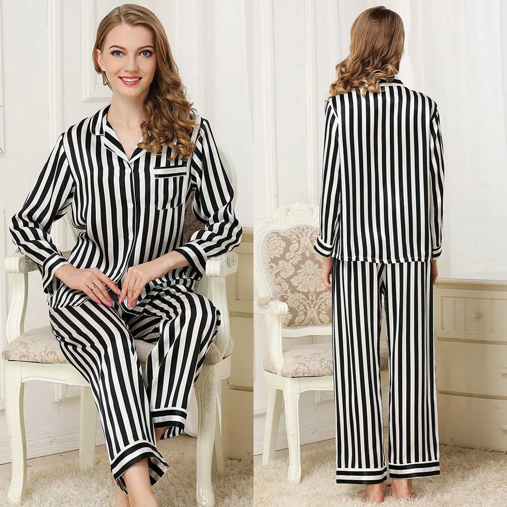 Womens Striped Long Sleeve Silk Pajamas Set