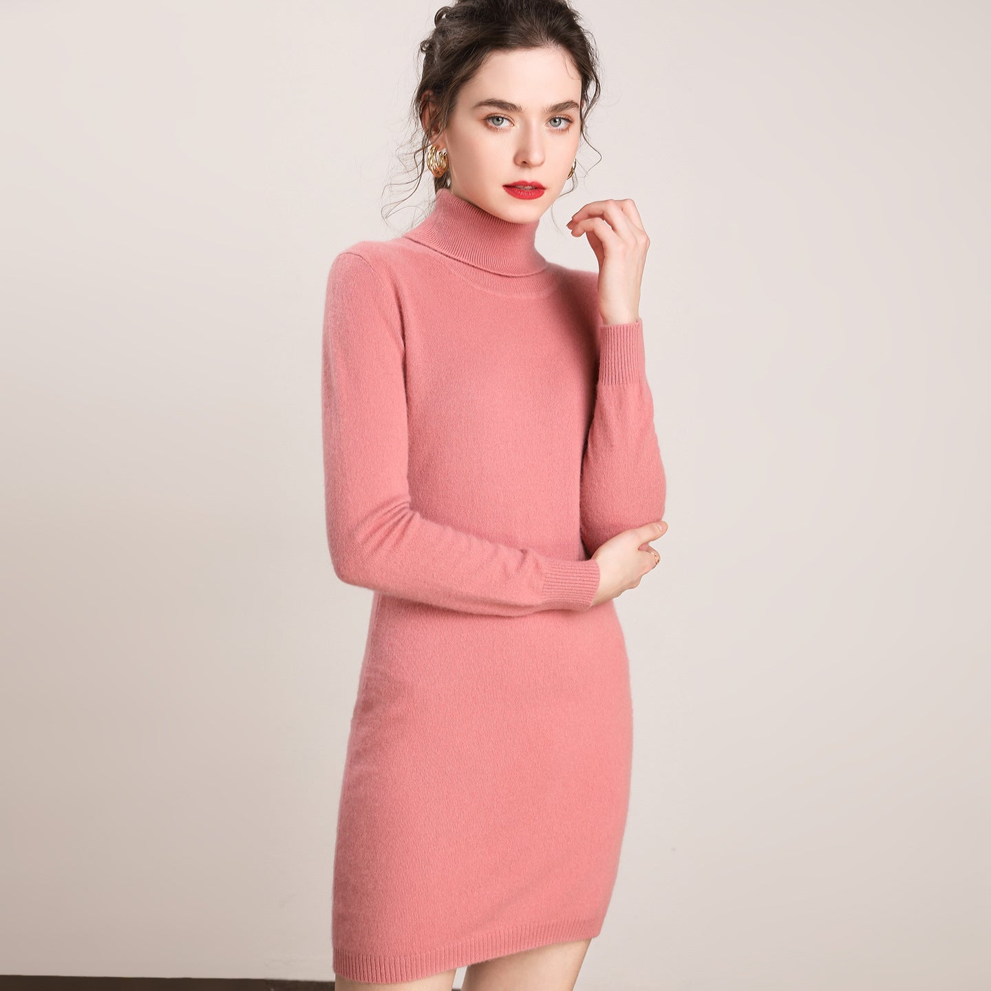 Womens Turtleneck Cashmere Dress Long Sleeve Knit Mini Sweater Dress Pink XS