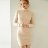 Womens Turtleneck Cashmere Dress Long Sleeve Knit Mini Sweater Dress Beige XS