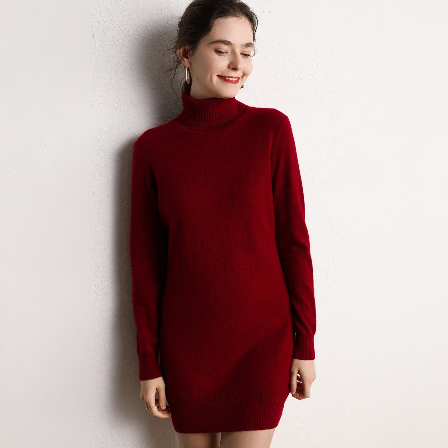 Womens Turtleneck Cashmere Dress Long Sleeve Knit Mini Sweater Dress Claret XS