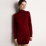 Womens Turtleneck Cashmere Dress Long Sleeve Knit Mini Sweater Dress Claret XS