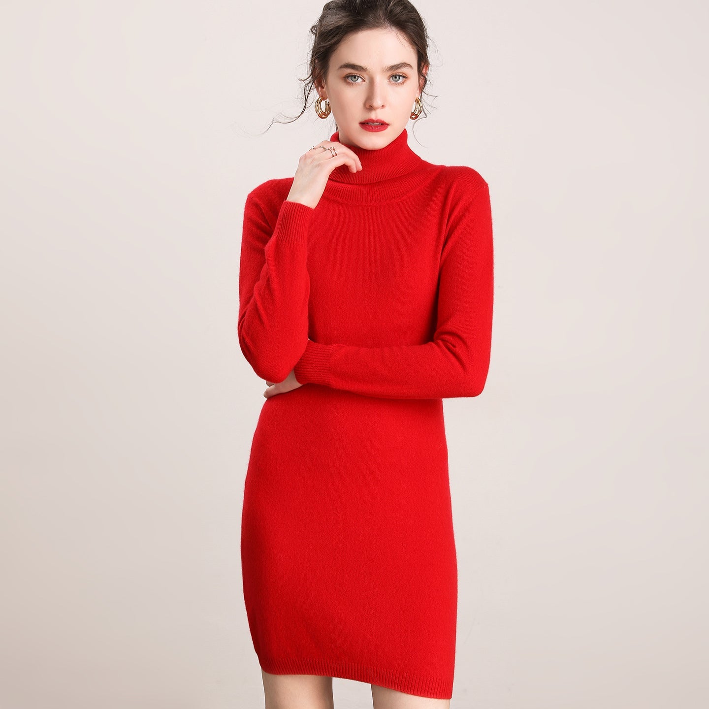 Womens Turtleneck Cashmere Dress Long Sleeve Knit Mini Sweater Dress Red XS