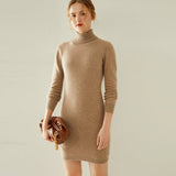Womens Turtleneck Cashmere Dress Long Sleeve Knit Mini Sweater Dress Taupe XS