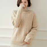 Womens Cable Knit Mock Neck Long Sleeve Cashmere Sweater