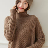 Womens Turtleneck Cashmere Sweater Cable - Knitted Drop Sleeve Pullover