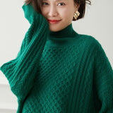 Womens Turtleneck Cashmere Sweater Cable - Knitted Drop Sleeve Pullover