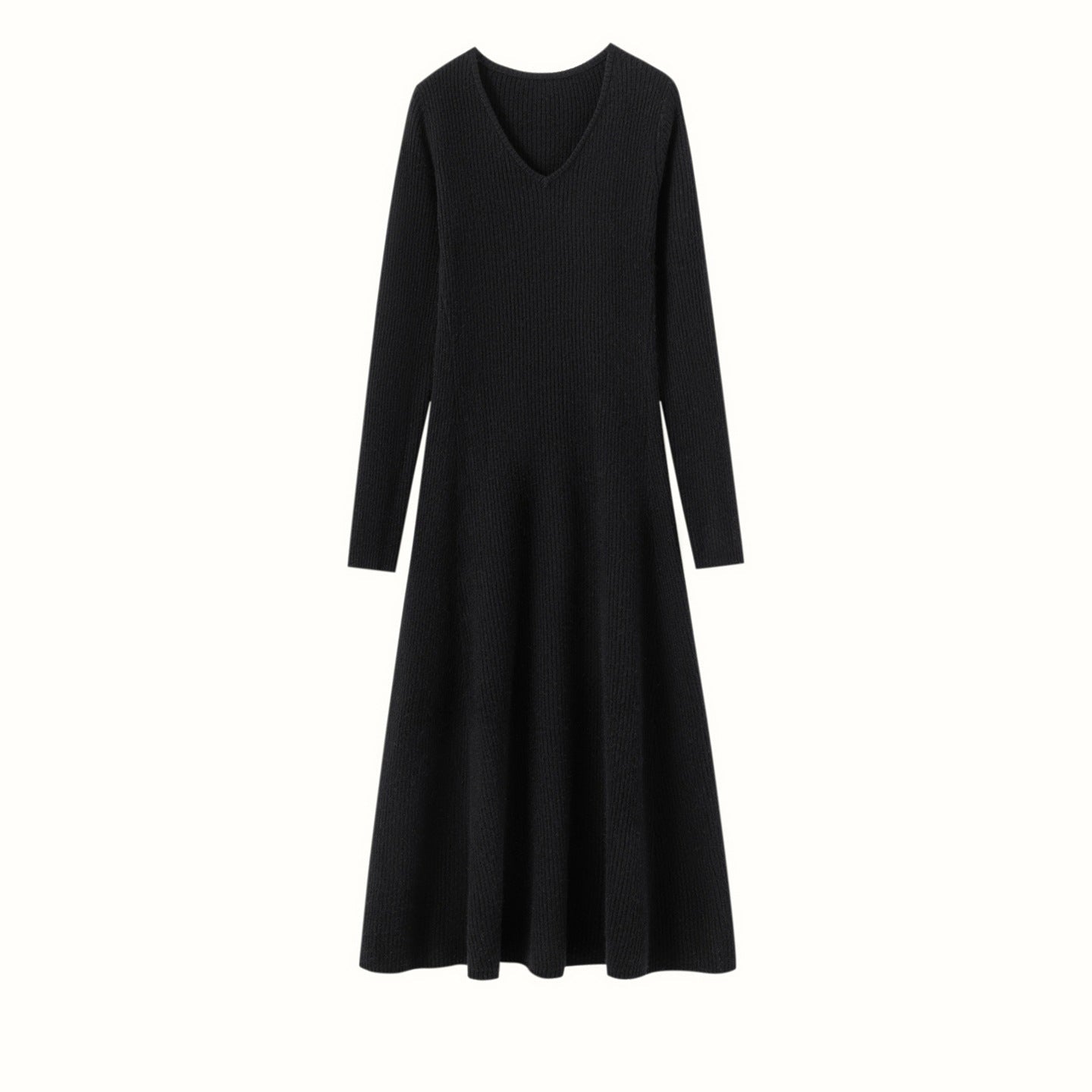 Womens V Neck Cashmere Dress Ribbed Knit Long Sleeve Cashmere Maxi Dress Black XS