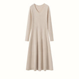 Womens V Neck Cashmere Dress Ribbed Knit Long Sleeve Cashmere Maxi Dress Beige XS