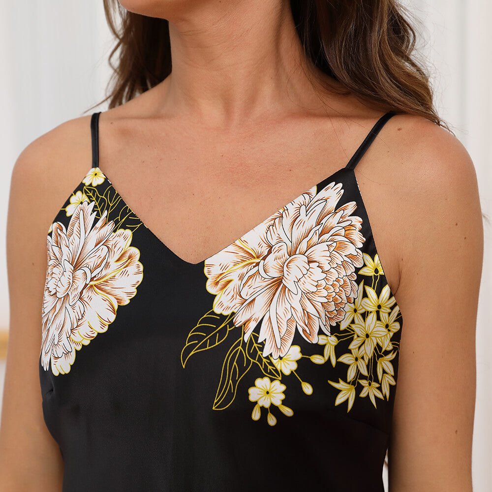 Womens V Neck Long Flower Print Sexy Pure Silk Nightgown